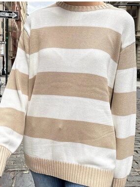Brandy Melville Cream and Tan Striped Crewneck Sweater
